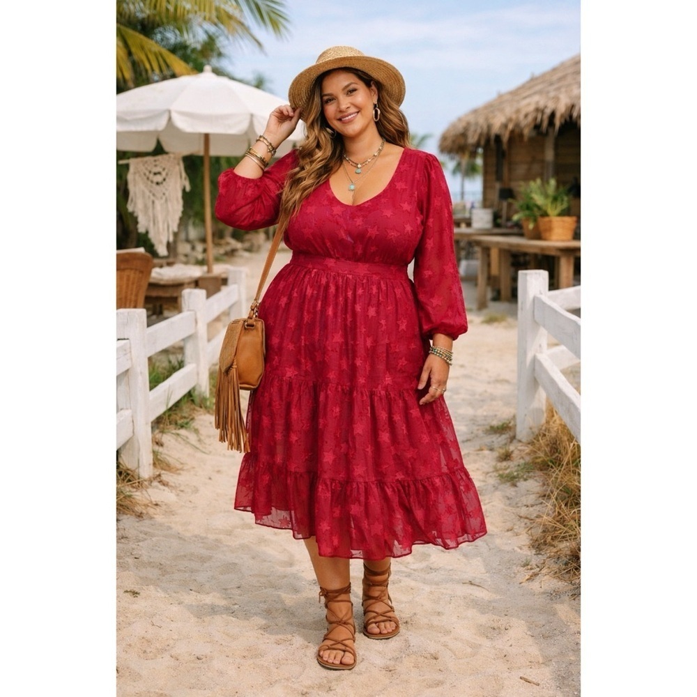 TORRID Magenta Star Embroidered Tiered Midi Dress